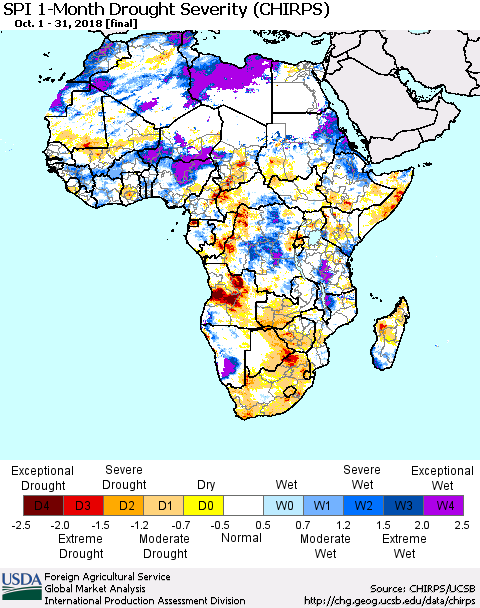 Africa SPI 1-Month Drought Severity (CHIRPS) Thematic Map For 10/1/2018 - 10/31/2018