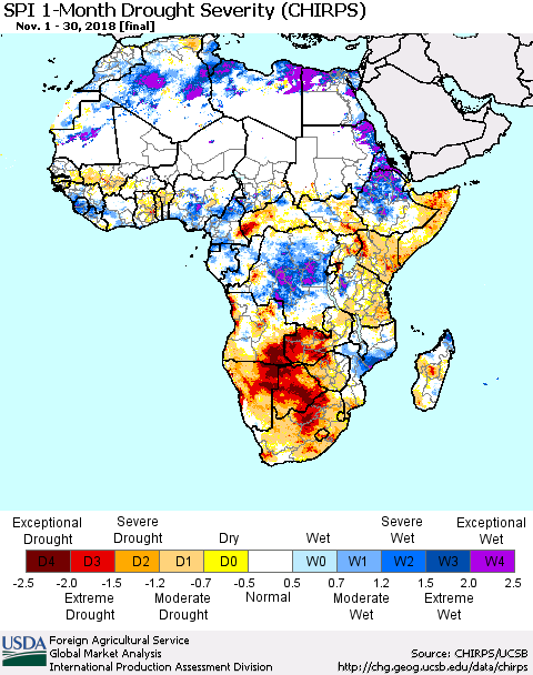 Africa SPI 1-Month Drought Severity (CHIRPS) Thematic Map For 11/1/2018 - 11/30/2018