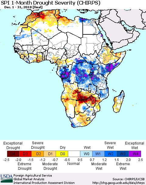 Africa SPI 1-Month Drought Severity (CHIRPS) Thematic Map For 12/1/2018 - 12/31/2018