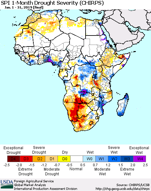 Africa SPI 1-Month Drought Severity (CHIRPS) Thematic Map For 1/1/2019 - 1/31/2019
