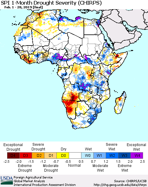 Africa SPI 1-Month Drought Severity (CHIRPS) Thematic Map For 2/1/2019 - 2/28/2019