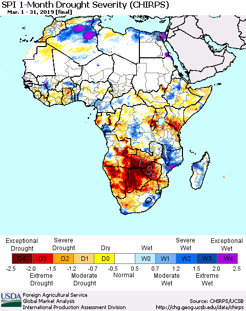 Africa SPI 1-Month Drought Severity (CHIRPS) Thematic Map For 3/1/2019 - 3/31/2019