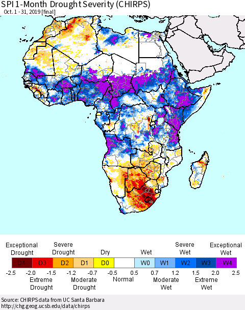Africa SPI 1-Month Drought Severity (CHIRPS) Thematic Map For 10/1/2019 - 10/31/2019
