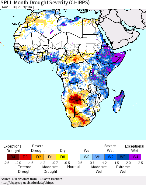 Africa SPI 1-Month Drought Severity (CHIRPS) Thematic Map For 11/1/2019 - 11/30/2019