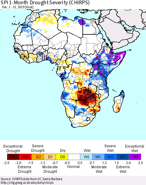 Africa SPI 1-Month Drought Severity (CHIRPS) Thematic Map For 12/1/2019 - 12/31/2019