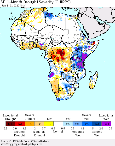 Africa SPI 1-Month Drought Severity (CHIRPS) Thematic Map For 1/1/2020 - 1/31/2020