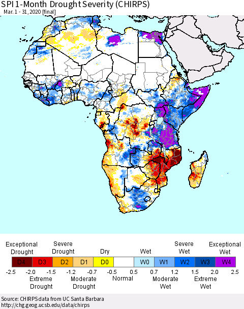 Africa SPI 1-Month Drought Severity (CHIRPS) Thematic Map For 3/1/2020 - 3/31/2020