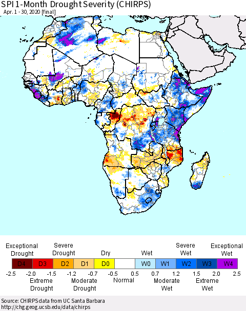 Africa SPI 1-Month Drought Severity (CHIRPS) Thematic Map For 4/1/2020 - 4/30/2020