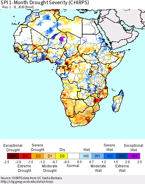 Africa SPI 1-Month Drought Severity (CHIRPS) Thematic Map For 5/1/2020 - 5/31/2020