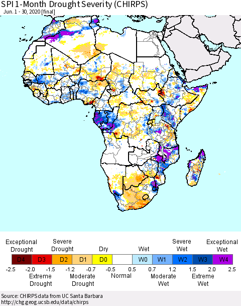 Africa SPI 1-Month Drought Severity (CHIRPS) Thematic Map For 6/1/2020 - 6/30/2020