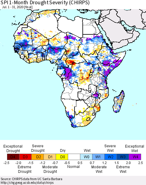 Africa SPI 1-Month Drought Severity (CHIRPS) Thematic Map For 7/1/2020 - 7/31/2020