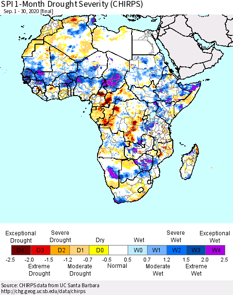 Africa SPI 1-Month Drought Severity (CHIRPS) Thematic Map For 9/1/2020 - 9/30/2020