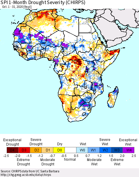 Africa SPI 1-Month Drought Severity (CHIRPS) Thematic Map For 10/1/2020 - 10/31/2020