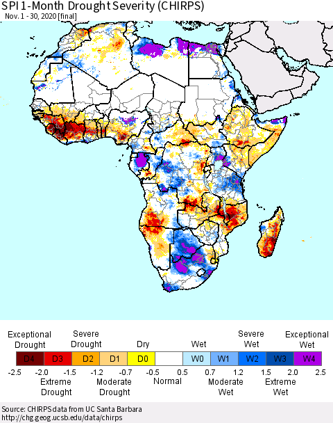 Africa SPI 1-Month Drought Severity (CHIRPS) Thematic Map For 11/1/2020 - 11/30/2020