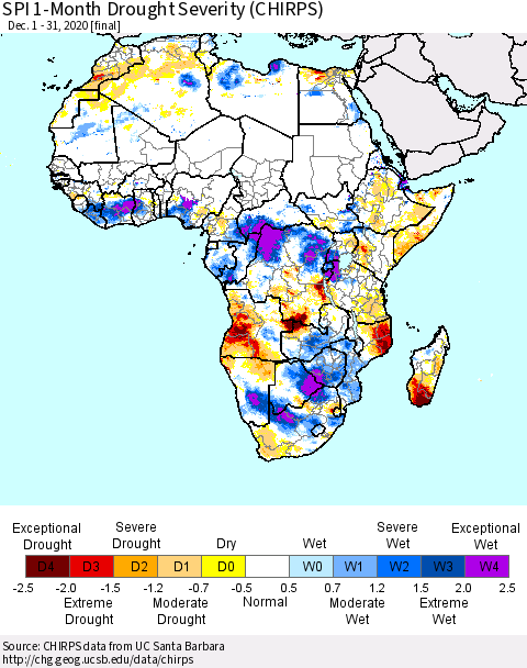Africa SPI 1-Month Drought Severity (CHIRPS) Thematic Map For 12/1/2020 - 12/31/2020