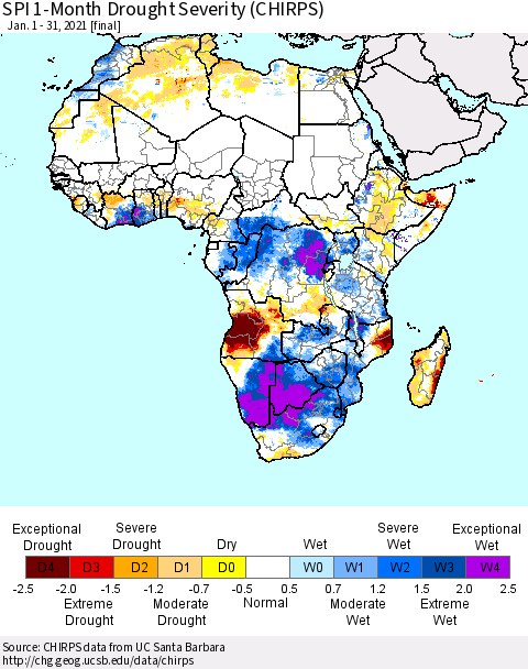 Africa SPI 1-Month Drought Severity (CHIRPS) Thematic Map For 1/1/2021 - 1/31/2021