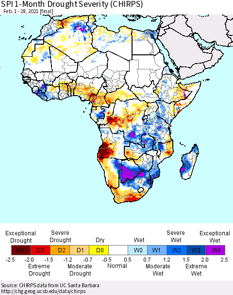 Africa SPI 1-Month Drought Severity (CHIRPS) Thematic Map For 2/1/2021 - 2/28/2021