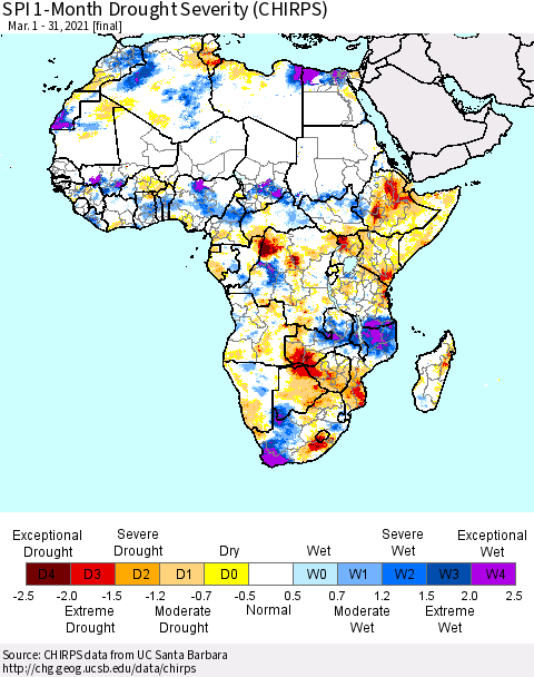 Africa SPI 1-Month Drought Severity (CHIRPS) Thematic Map For 3/1/2021 - 3/31/2021