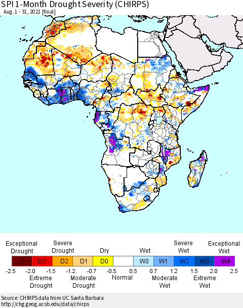 Africa SPI 1-Month Drought Severity (CHIRPS) Thematic Map For 8/1/2021 - 8/31/2021