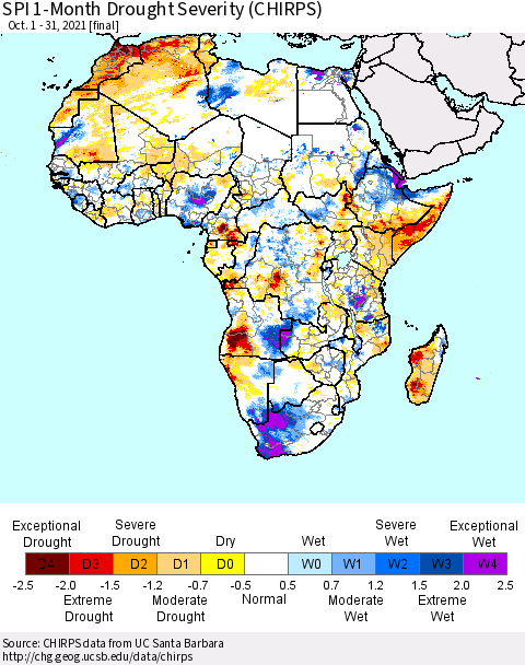 Africa SPI 1-Month Drought Severity (CHIRPS) Thematic Map For 10/1/2021 - 10/31/2021