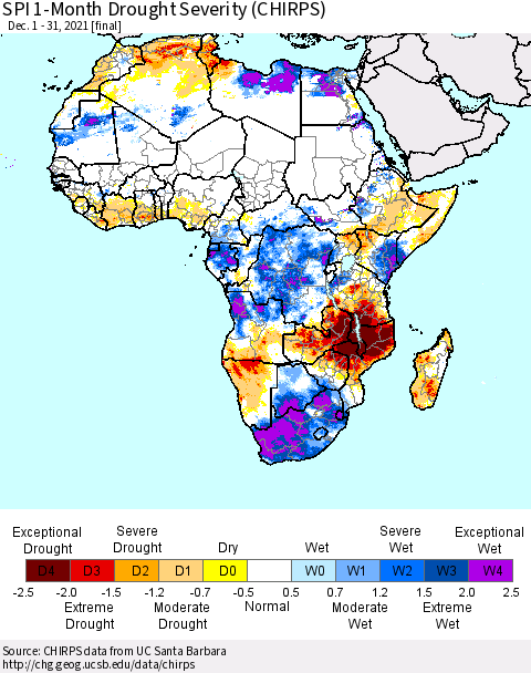 Africa SPI 1-Month Drought Severity (CHIRPS) Thematic Map For 12/1/2021 - 12/31/2021