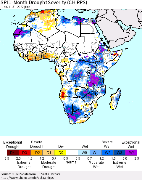 Africa SPI 1-Month Drought Severity (CHIRPS) Thematic Map For 1/1/2022 - 1/31/2022