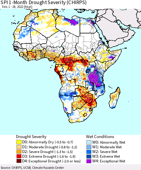 Africa SPI 1-Month Drought Severity (CHIRPS) Thematic Map For 2/1/2022 - 2/28/2022