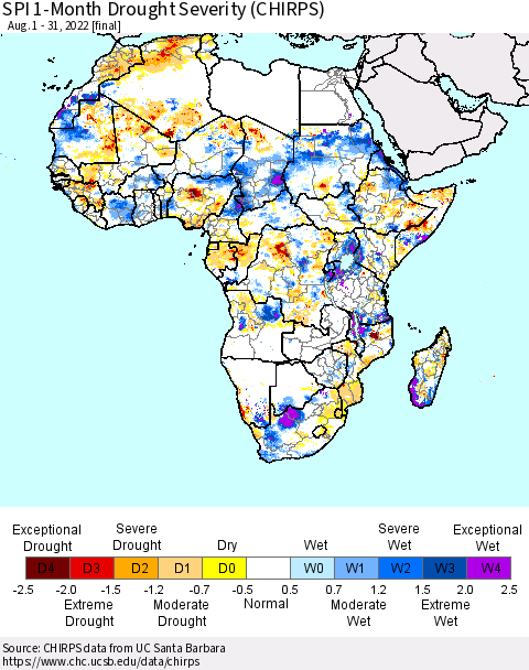 Africa SPI 1-Month Drought Severity (CHIRPS) Thematic Map For 8/1/2022 - 8/31/2022