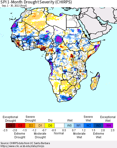 Africa SPI 1-Month Drought Severity (CHIRPS) Thematic Map For 9/1/2022 - 9/30/2022