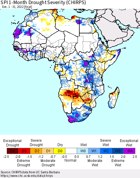 Africa SPI 1-Month Drought Severity (CHIRPS) Thematic Map For 12/1/2022 - 12/31/2022