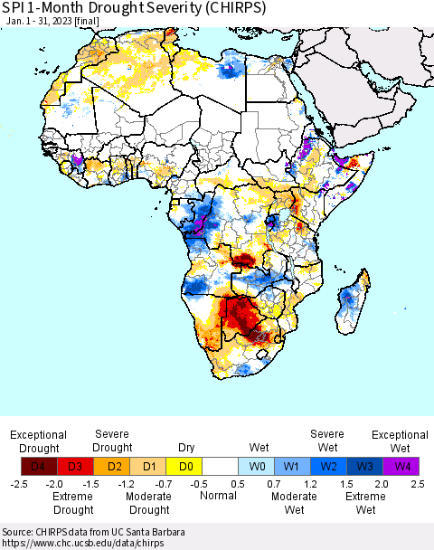 Africa SPI 1-Month Drought Severity (CHIRPS) Thematic Map For 1/1/2023 - 1/31/2023
