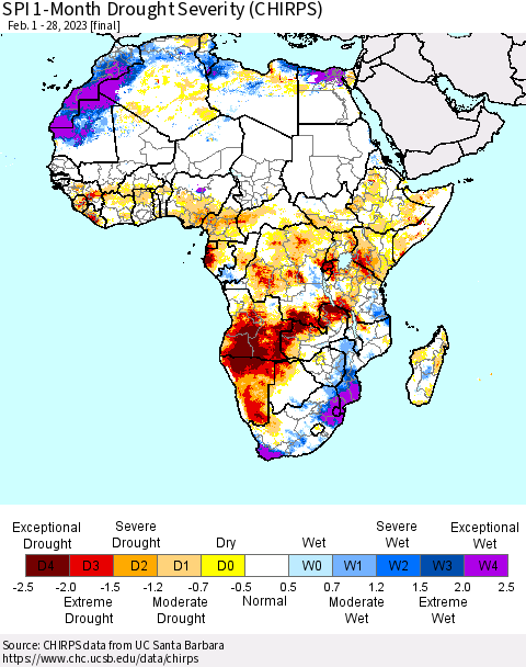 Africa SPI 1-Month Drought Severity (CHIRPS) Thematic Map For 2/1/2023 - 2/28/2023