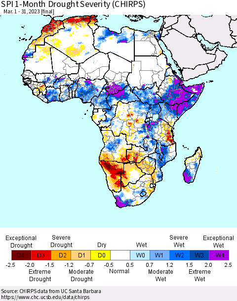 Africa SPI 1-Month Drought Severity (CHIRPS) Thematic Map For 3/1/2023 - 3/31/2023