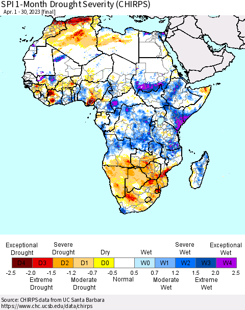 Africa SPI 1-Month Drought Severity (CHIRPS) Thematic Map For 4/1/2023 - 4/30/2023