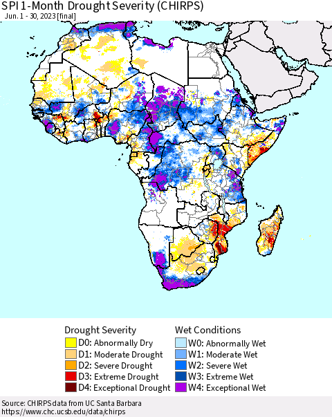 Africa SPI 1-Month Drought Severity (CHIRPS) Thematic Map For 6/1/2023 - 6/30/2023