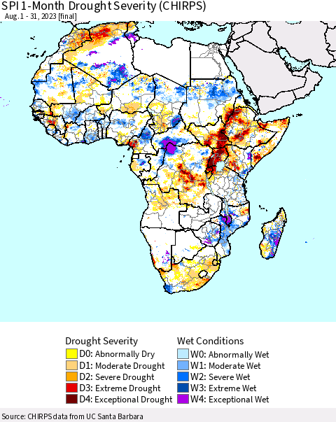 Africa SPI 1-Month Drought Severity (CHIRPS) Thematic Map For 8/1/2023 - 8/31/2023