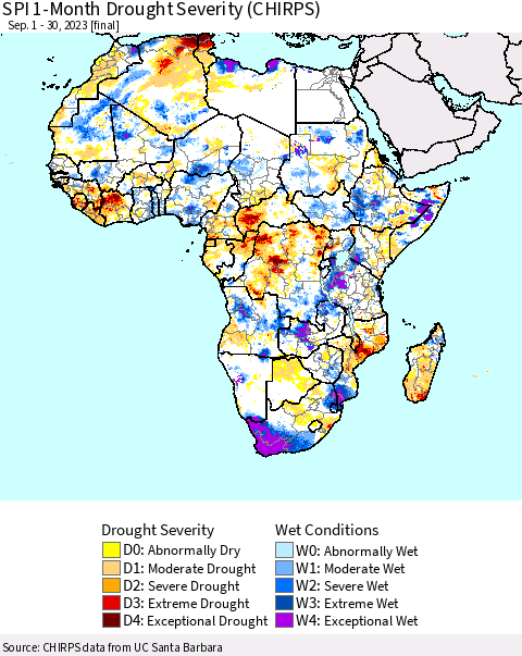 Africa SPI 1-Month Drought Severity (CHIRPS) Thematic Map For 9/1/2023 - 9/30/2023