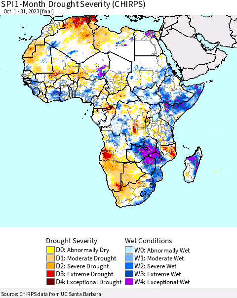 Africa SPI 1-Month Drought Severity (CHIRPS) Thematic Map For 10/1/2023 - 10/31/2023