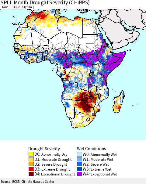 Africa SPI 1-Month Drought Severity (CHIRPS) Thematic Map For 11/1/2023 - 11/30/2023