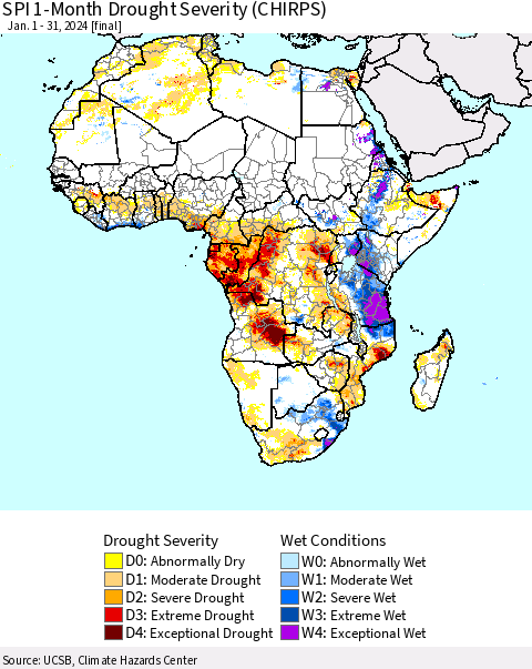 Africa SPI 1-Month Drought Severity (CHIRPS) Thematic Map For 1/1/2024 - 1/31/2024