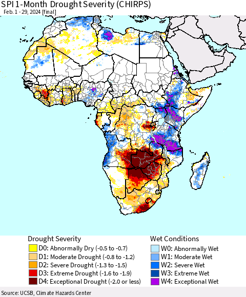 Africa SPI 1-Month Drought Severity (CHIRPS) Thematic Map For 2/1/2024 - 2/29/2024