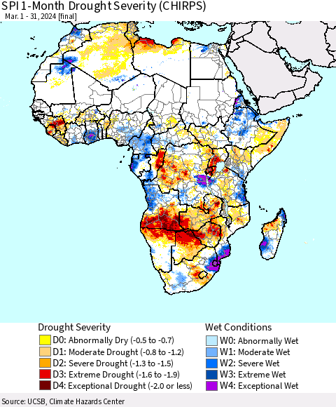 Africa SPI 1-Month Drought Severity (CHIRPS) Thematic Map For 3/1/2024 - 3/31/2024