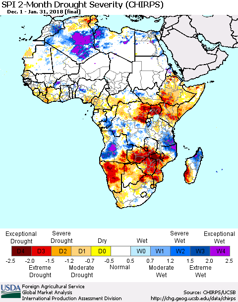 Africa SPI 2-Month Drought Severity (CHIRPS) Thematic Map For 12/1/2017 - 1/31/2018