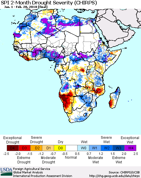 Africa SPI 2-Month Drought Severity (CHIRPS) Thematic Map For 1/1/2018 - 2/28/2018