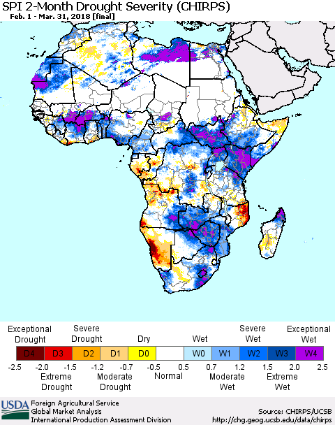 Africa SPI 2-Month Drought Severity (CHIRPS) Thematic Map For 2/1/2018 - 3/31/2018