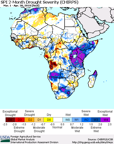 Africa SPI 2-Month Drought Severity (CHIRPS) Thematic Map For 3/1/2018 - 4/30/2018