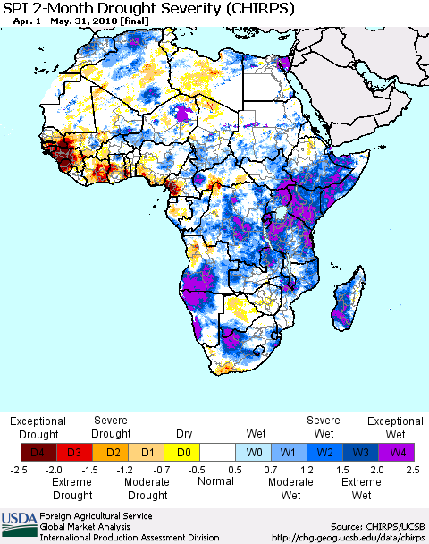 Africa SPI 2-Month Drought Severity (CHIRPS) Thematic Map For 4/1/2018 - 5/31/2018