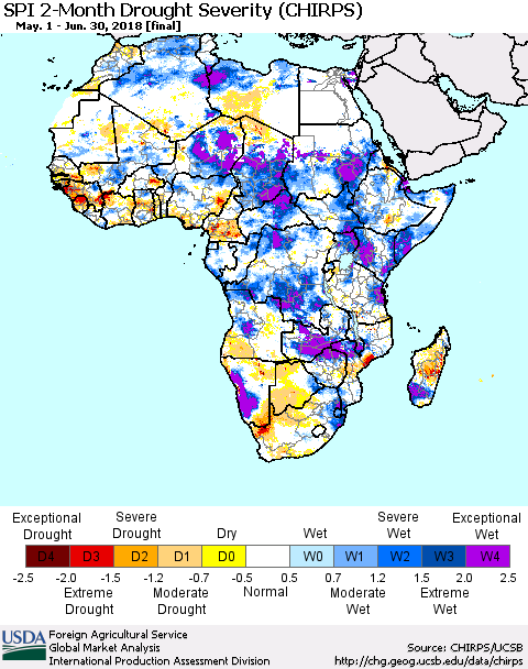 Africa SPI 2-Month Drought Severity (CHIRPS) Thematic Map For 5/1/2018 - 6/30/2018