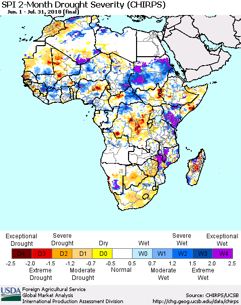 Africa SPI 2-Month Drought Severity (CHIRPS) Thematic Map For 6/1/2018 - 7/31/2018