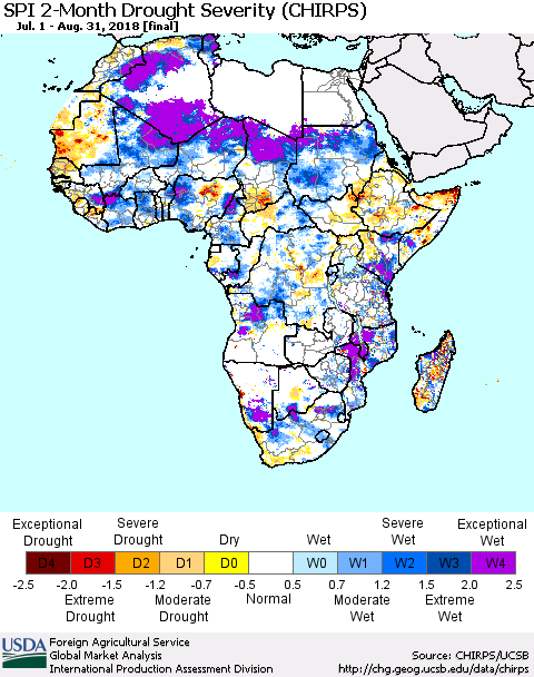 Africa SPI 2-Month Drought Severity (CHIRPS) Thematic Map For 7/1/2018 - 8/31/2018